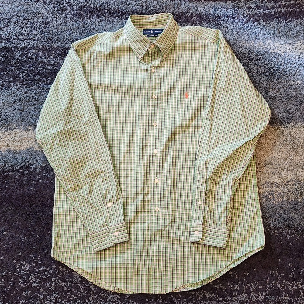 Ralph Lauren Long Sleeve Shirt Mens Large Green Blue Plaid Classic Fit